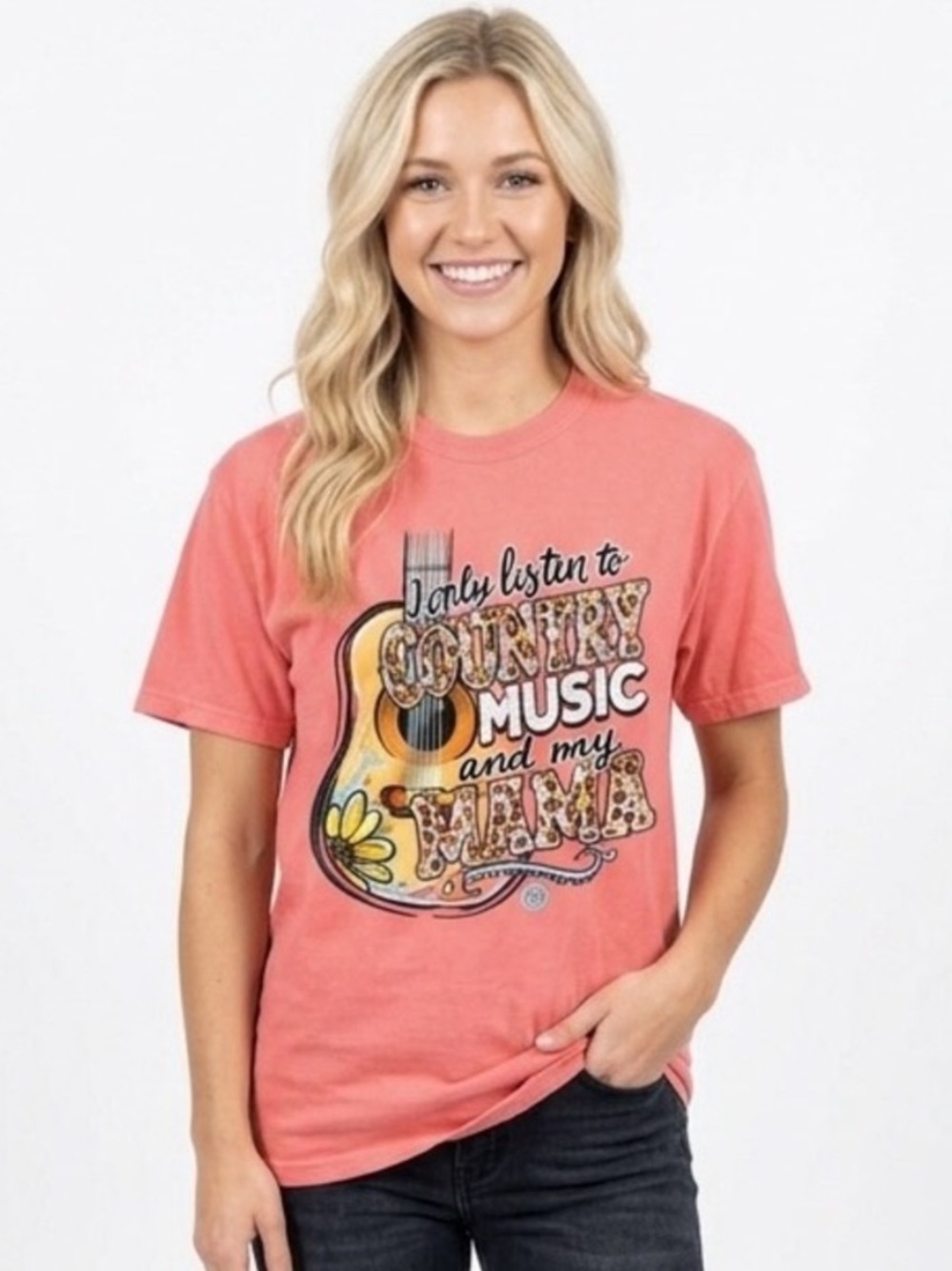 Girlie Girl Country Girl Coral Graphic Tee with Guitar Art